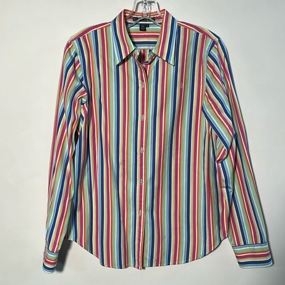 RALPH LAUREN Monogram Logo Multi Bright Striped Long SLV Button Down Blouse SZ M - Picture 1 of 15
